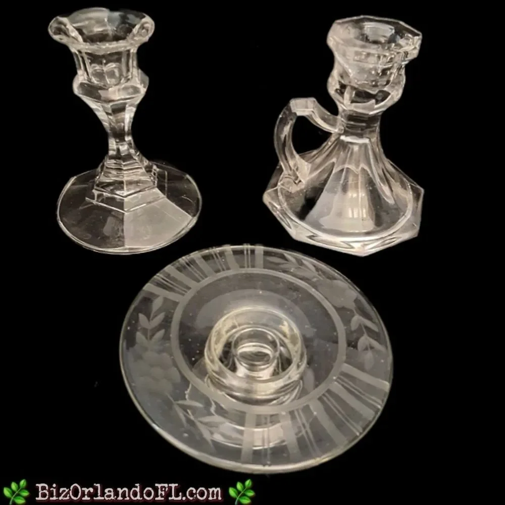 VINTAGE: Lot (3) Elegant Styles & Size Glass Candlestick Holders Art Glass Decor